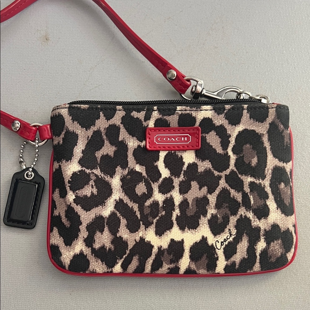Coach Animal Print Wristlet with Red Trim